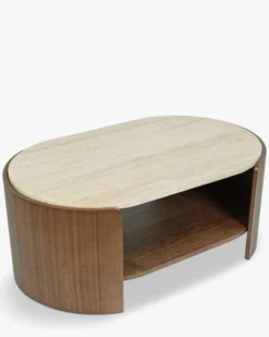 Table basse, Travertin waterproof & bois de frêne teinte noyer, L100 Elipse
