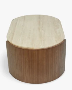 Table basse, Travertin waterproof & bois de frêne teinte noyer, L100 Elipse