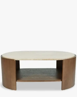 Table basse, Travertin waterproof & bois de frêne teinte noyer, L100 Elipse