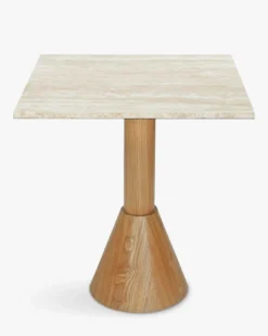 Table à manger bistrot, pour 4 personnes, Travertin waterproof & bois blond, Ø70 Elba