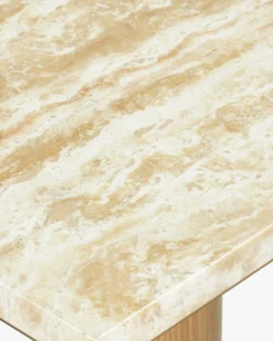 Table à manger bistrot, pour 4 personnes, Travertin waterproof & bois blond, Ø70 Elba