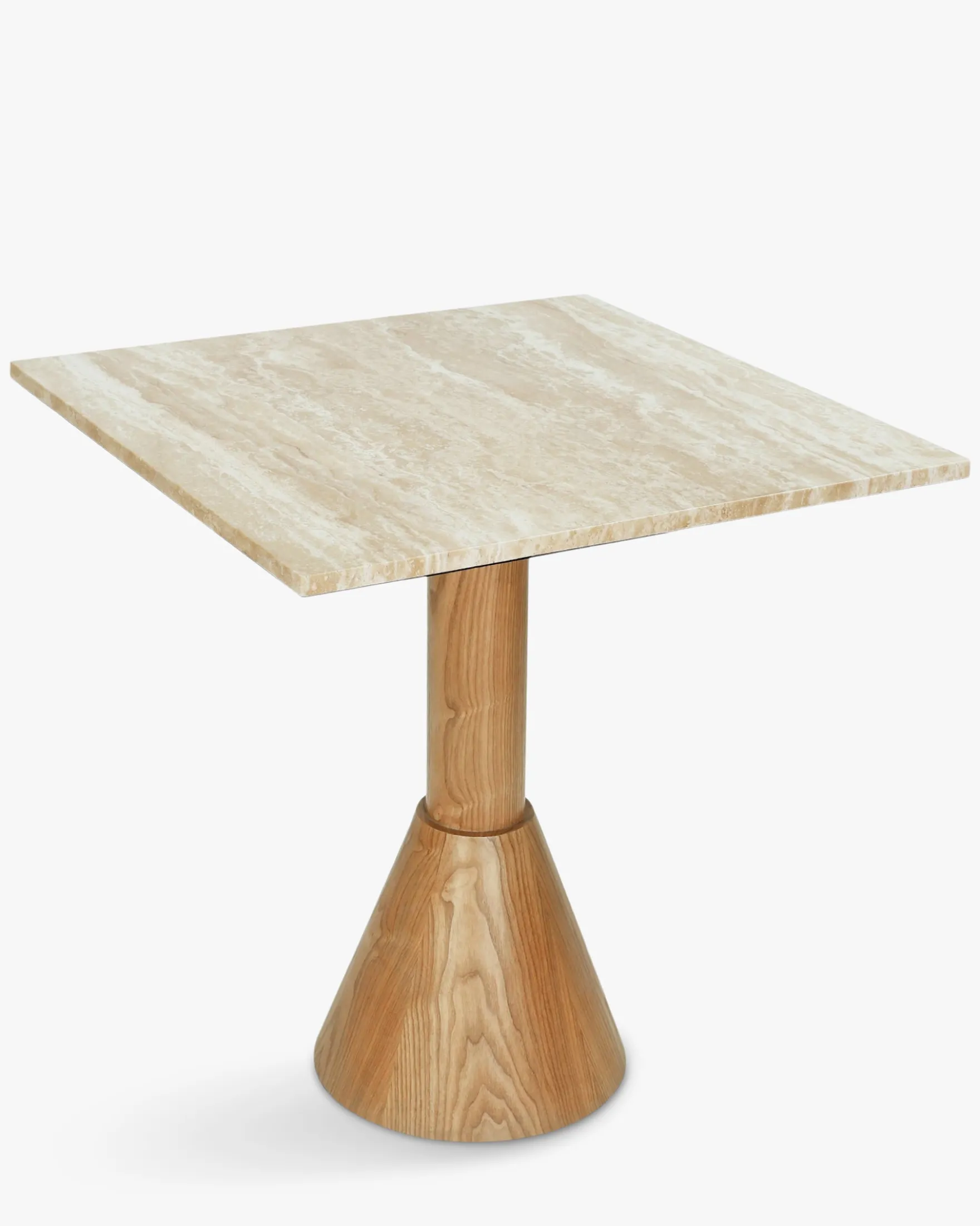 Table à manger bistrot, pour 4 personnes, Travertin waterproof & bois blond, Ø70 Elba