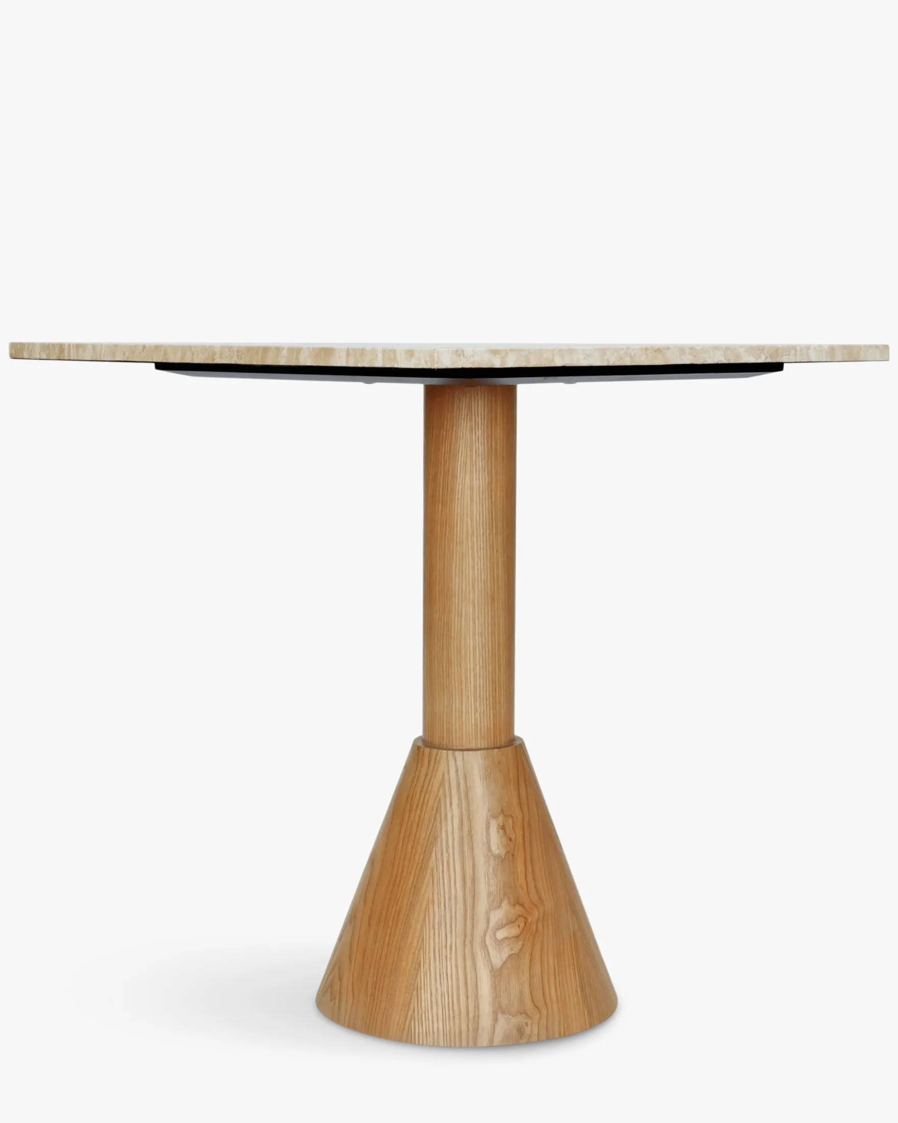 Table à manger bistrot, pour 4 personnes, Travertin waterproof & bois blond, Ø70 Elba