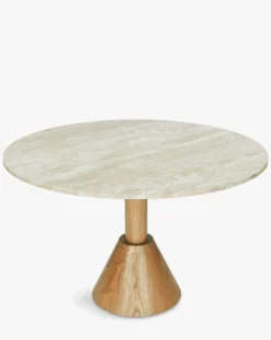 Table à manger, Travertin waterproof & bois blond, Ø120 Izia