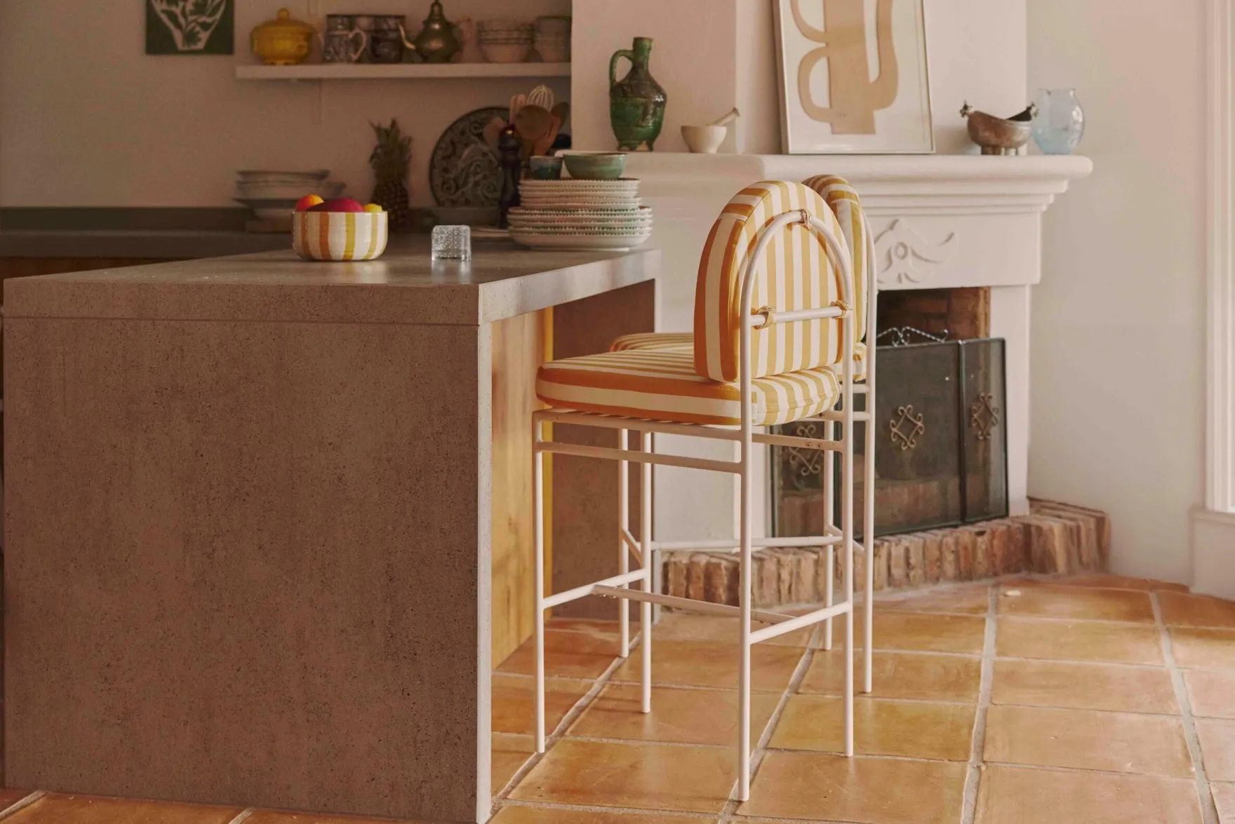 Tabouret de bar de jardin, Rayé jaune & métal blanc Lampedusa