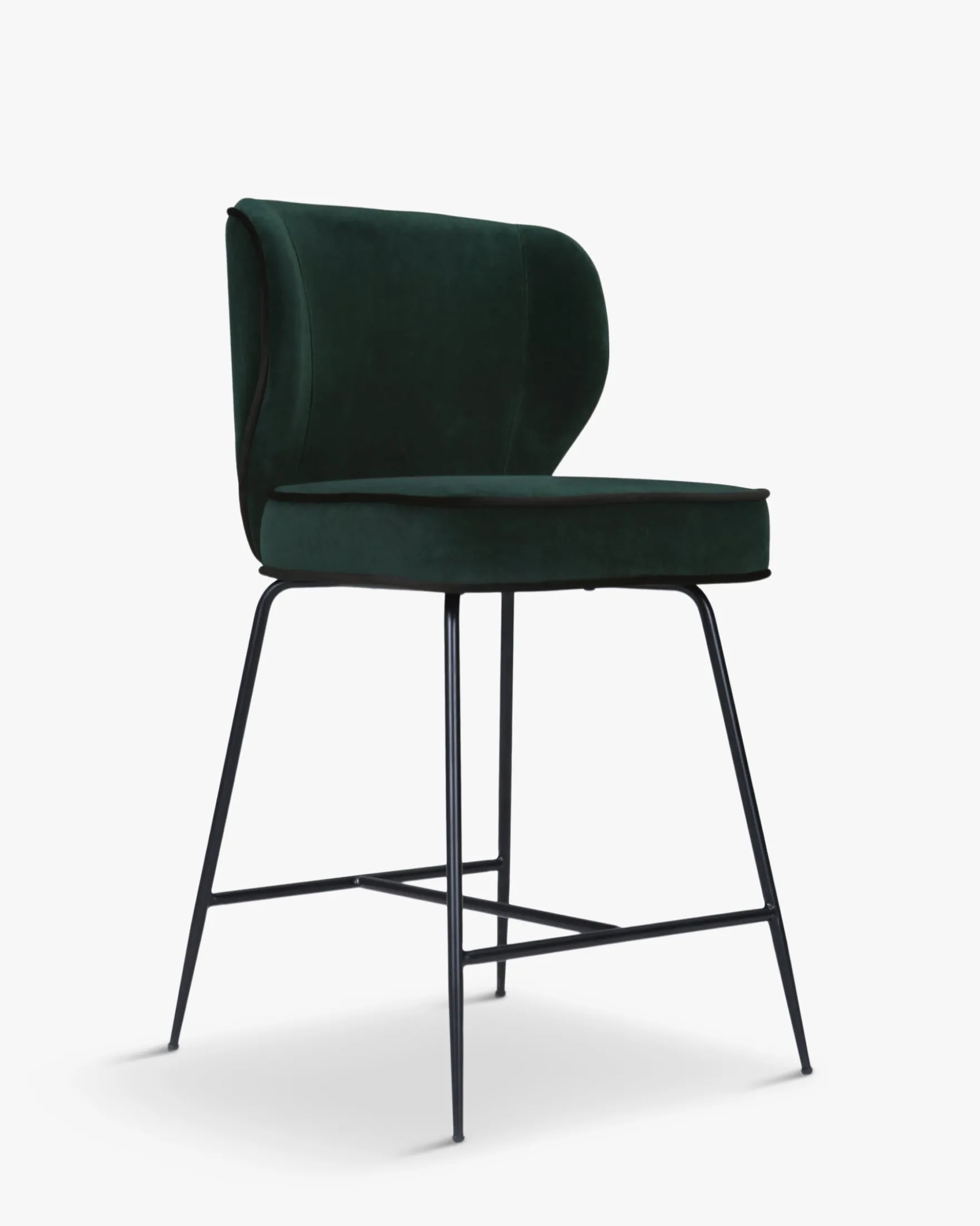 Tabouret de bar, Velours vert cèdre & métal noir, H65 Wayne