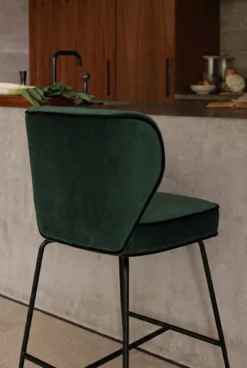 Tabouret de bar, Velours vert cèdre & métal noir, H65 Wayne