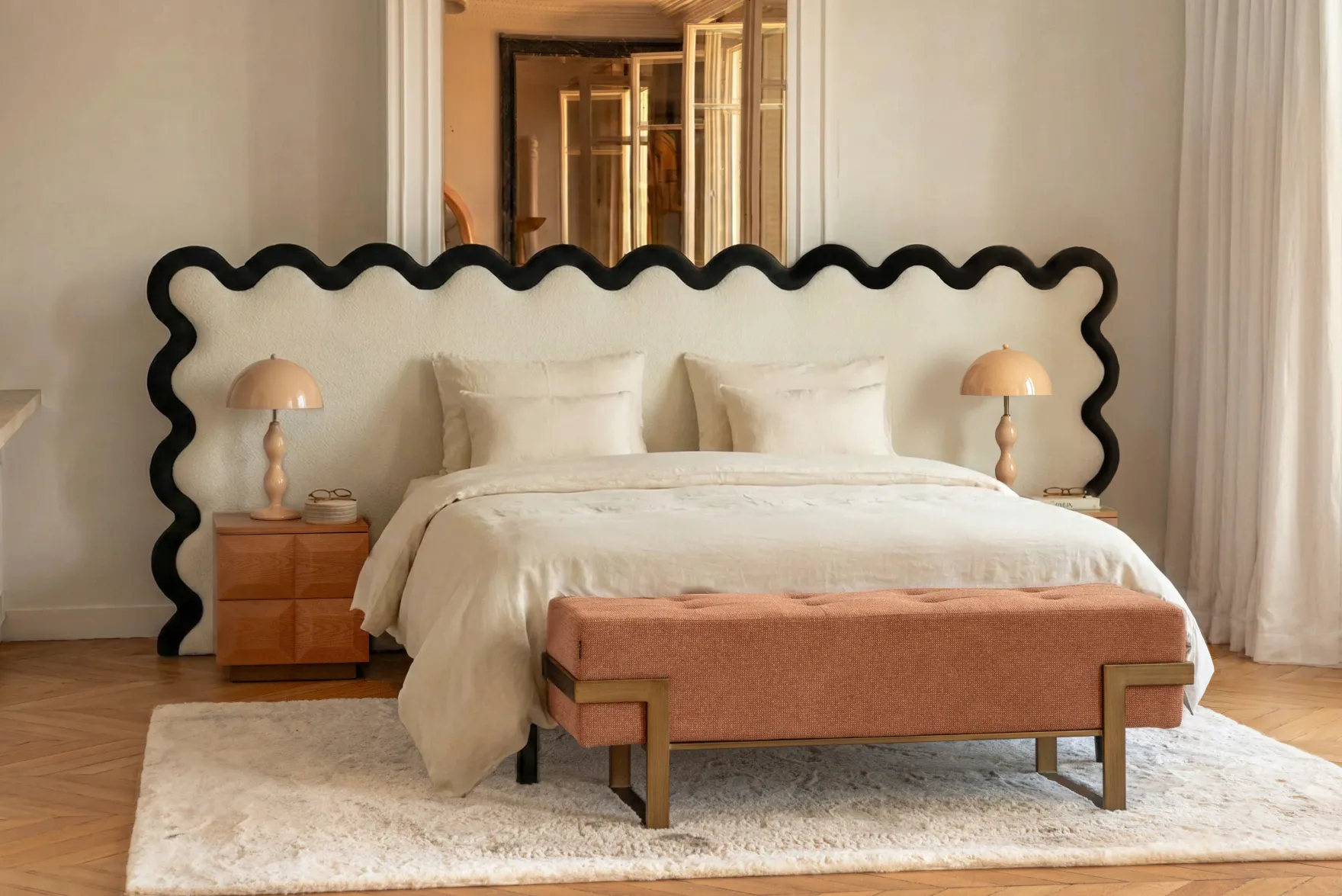 Tête de lit, Ecru peluche & velours noir, L260 Aria